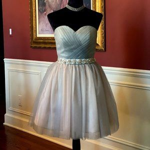 Strapless Grey Mini Dress with Tulle Skirt and Lace Up Back